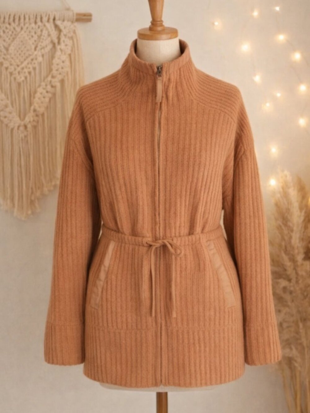 FLX Soft Ribbed Tan Full Zip Cardigan Sweater XL Minimalist Athleisure Neutral